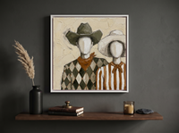 Cowboy & Cowgirl Couple Wall Art — Original Palette-Knife Oil, Olive & Rust — original hand-painted oil shown on the wall in a styled room