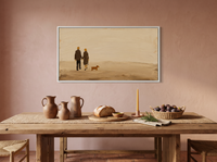 Couple Walking a Dog Wide Wall Art — Original Palette-Knife Oil, Chocolate & Tan — original hand-painted oil shown on the wall in a styled room