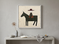Rider on Horseback Wall Art — Original Palette-Knife Oil, Oxblood & Charcoal — original hand-painted oil shown on the wall in a styled room