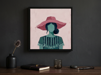 Woman in a Pink Hat Wall Art — Original Palette-Knife Oil, Rose-Pink & Emerald — original hand-painted oil shown on the wall in a styled room