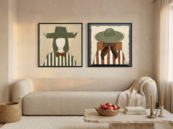 Cowgirls Turning Toward Each Other — Set of 2 Original Oils, Olive & Sienna