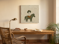 Child on a Pony Wall Art — Original Palette-Knife Oil, Olive & Rust — original hand-painted oil shown on the wall in a styled room