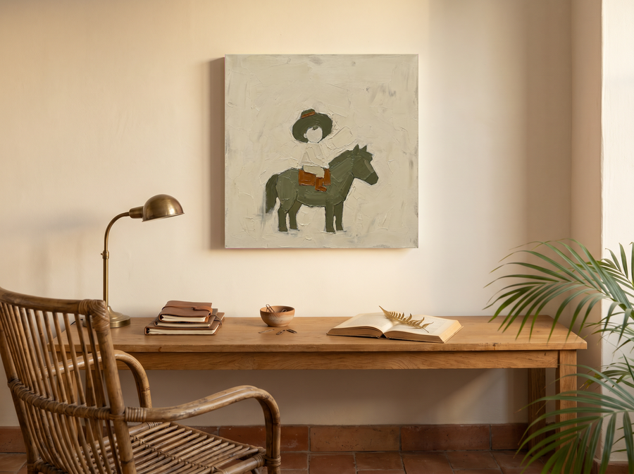 Child on a Pony Wall Art — Original Palette-Knife Oil, Olive & Rust
