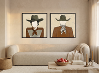 Cowboy Pair, Gingham & Floral — Set of 2 Original Oils, Olive & Caramel — original hand-painted oil shown on the wall in a styled room