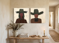 Cowgirl and Cowboy — Set of 2 Original Oils, Olive & Oxblood — original hand-painted oil shown on the wall in a styled room