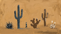 Original wide oil painting of navy-teal saguaro and brown prickly-pear cacti with a tiny walking figure across a glowing golden-ochre desert plain
