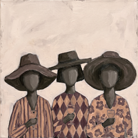 Original oil painting of three blank-faced women in wide charcoal-brown hats holding wine glasses, in mauve stripes, plum harlequin, and taupe floral on a cream ground