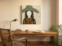 Lady in an Olive Floppy Hat Wall Art — Original Palette-Knife Oil, Olive & Rust — original hand-painted oil shown on the wall in a styled room