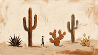 Original wide oil painting of a staggered row of rust-brown saguaro and prickly-pear cacti with a tiny walking figure across a warm sand desert plain