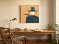 Cowboy from Behind Wall Art — Original Palette-Knife Oil, Slate Blue & Ochre — original hand-painted oil shown on the wall in a styled room