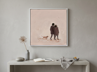 Couple Walking Away Wall Art — Original Palette-Knife Oil, Mauve & Plum — original hand-painted oil shown on the wall in a styled room