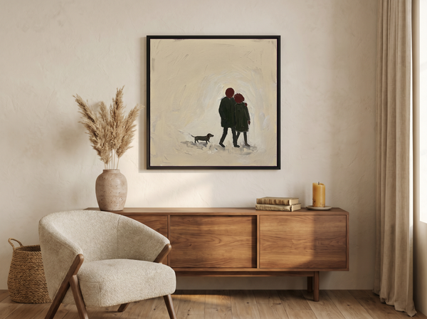 Couple Walking Away Wall Art — Original Palette-Knife Oil, Olive & Oxblood