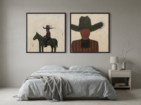 Rider & Cowboy — Set of 2 Original Oils, Olive & Oxblood — original hand-painted oil shown on the wall in a styled room