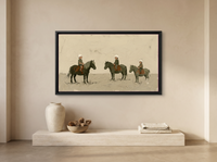 Three Children on Ponies Wide Wall Art — Original Palette-Knife Oil, Olive & Grey — original hand-painted oil shown on the wall in a styled room