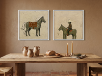 Standing Horse & Small Rider — Set of 2 Original Oils, Olive & Rust — original hand-painted oil shown on the wall in a styled room
