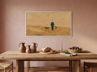 Father, Child and Dog Walking Wide Wall Art — Original Oil Landscape, Golden Ochre & Navy — original hand-painted oil shown on the wall in a styled room