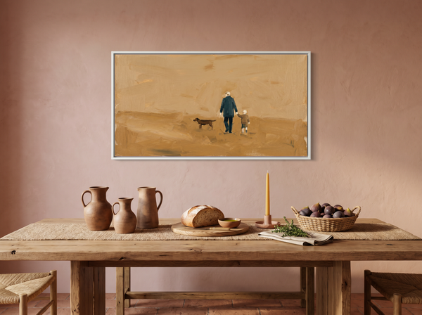 Father, Child and Dog Walking Wide Wall Art — Original Oil Landscape, Golden Ochre & Navy