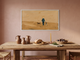 Father, Child and Dog Walking Wide Wall Art — Original Oil Landscape, Golden Ochre & Navy