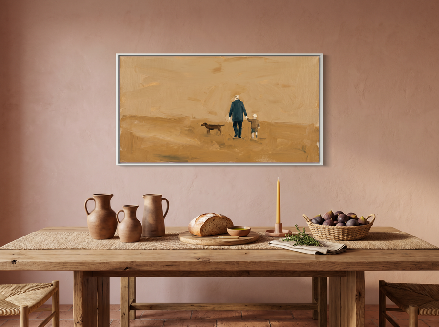 Father, Child and Dog Walking Wide Wall Art — Original Oil Landscape, Golden Ochre & Navy
