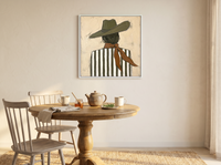 Cowgirl from Behind Wall Art — Original Palette-Knife Oil, Olive & Caramel — original hand-painted oil shown on the wall in a styled room