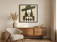 Woman in a Wide Hat Wall Art — Original Palette-Knife Oil, Olive & Cream — original hand-painted oil shown on the wall in a styled room