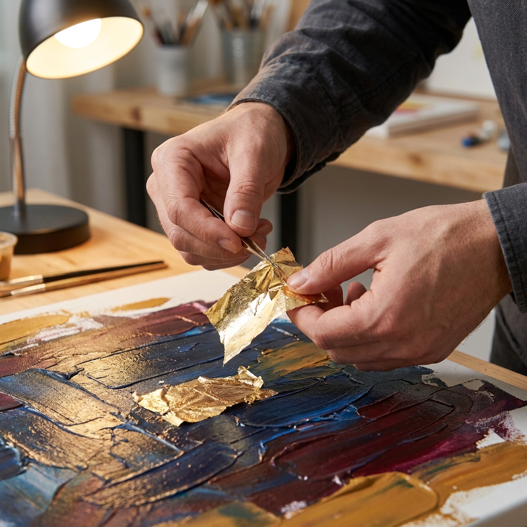 Hands applying gold leaf with tweezers onto canvas painting
