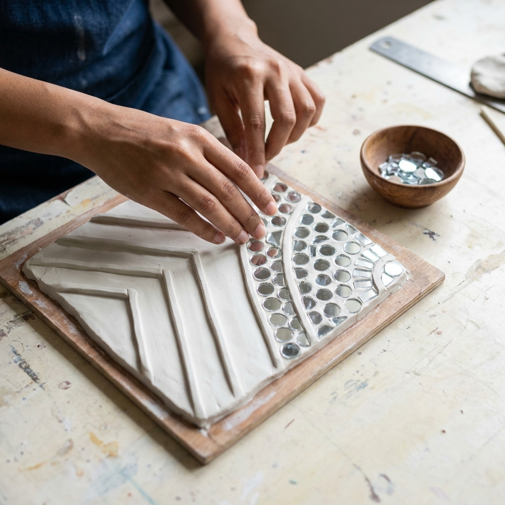 Close-up of hands pressing mirror pieces into wet white clay, creating Lippan art geometric patterns