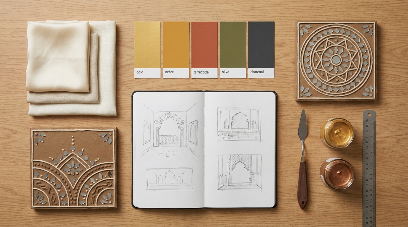 Editorial flat-lay with silk swatches, colour cards, Lippan sample panels, sketchbook with mural concepts