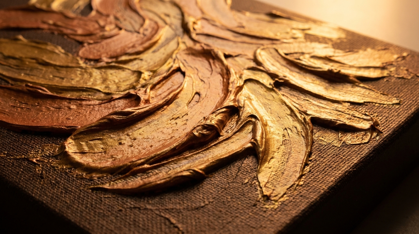 Gold and copper palette knife texture on dark canvas, moody amber light