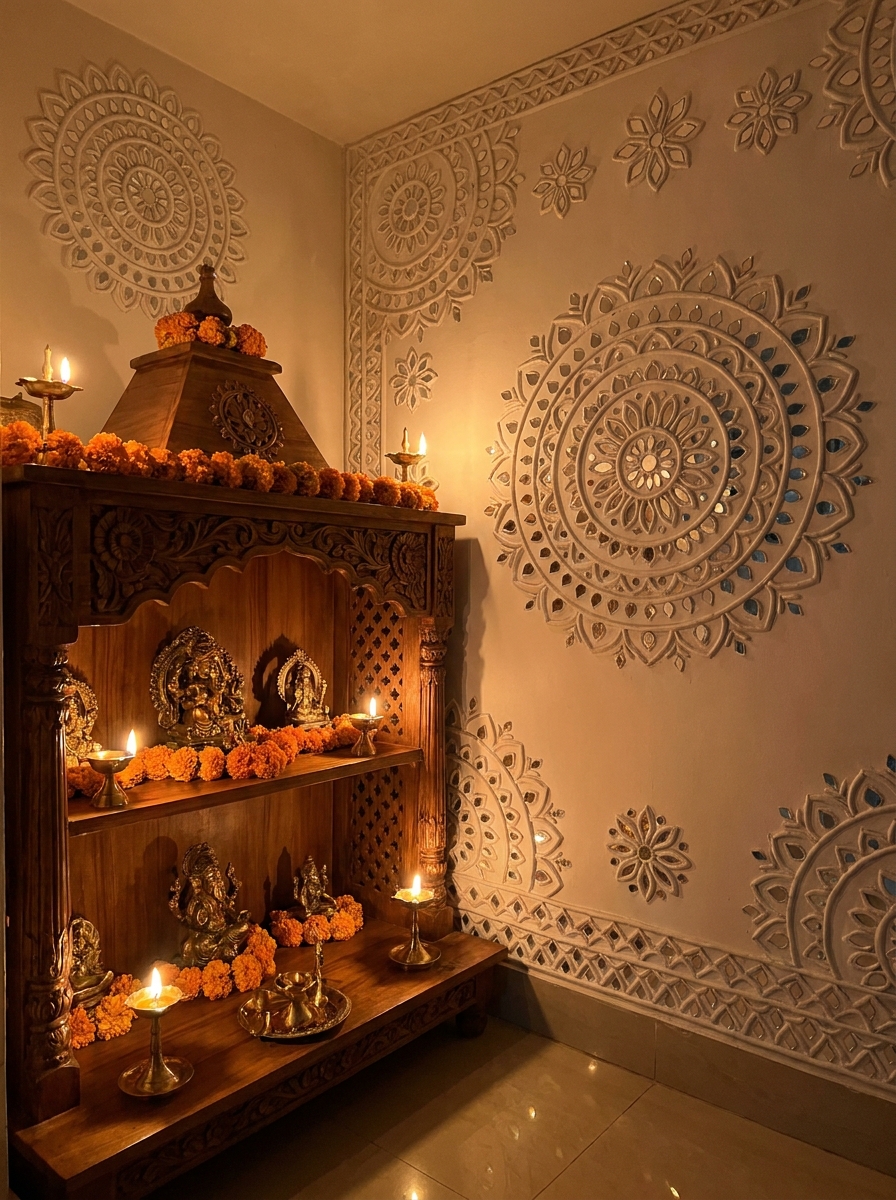 Sacred geometry in clay and mirror, lit by diyas