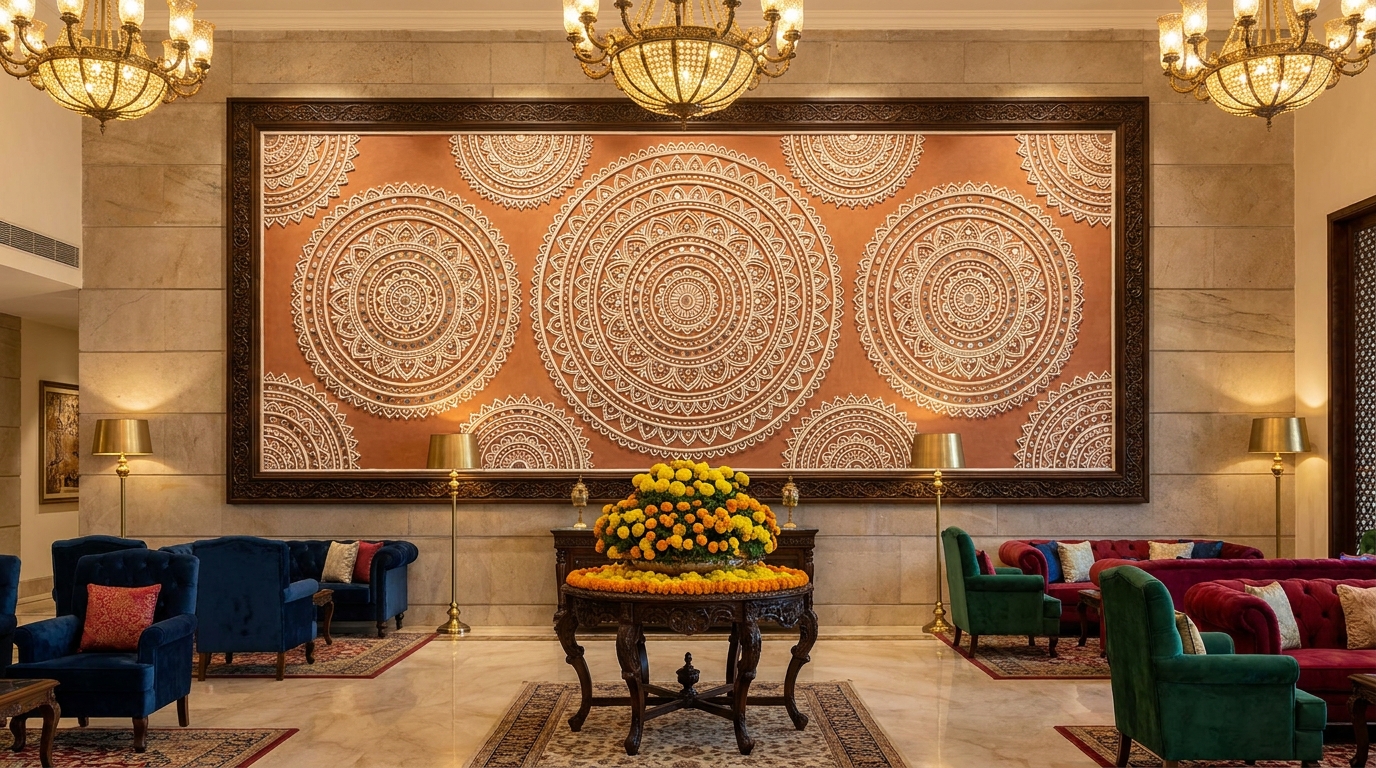 Lippan art panel in terracotta and off-white in a luxury Indian hotel lobby with chandeliers and jewel-toned seating