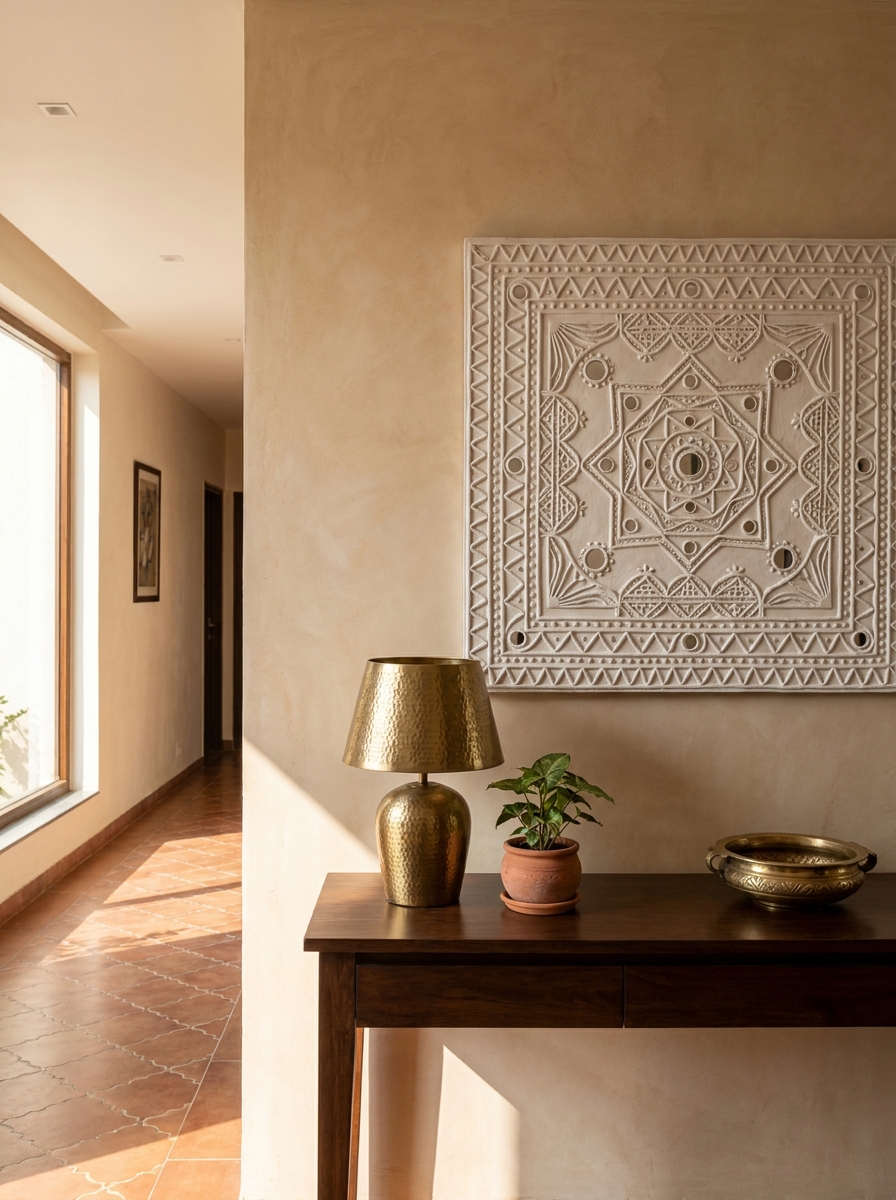 Lippan behind a console table — the everyday entrance