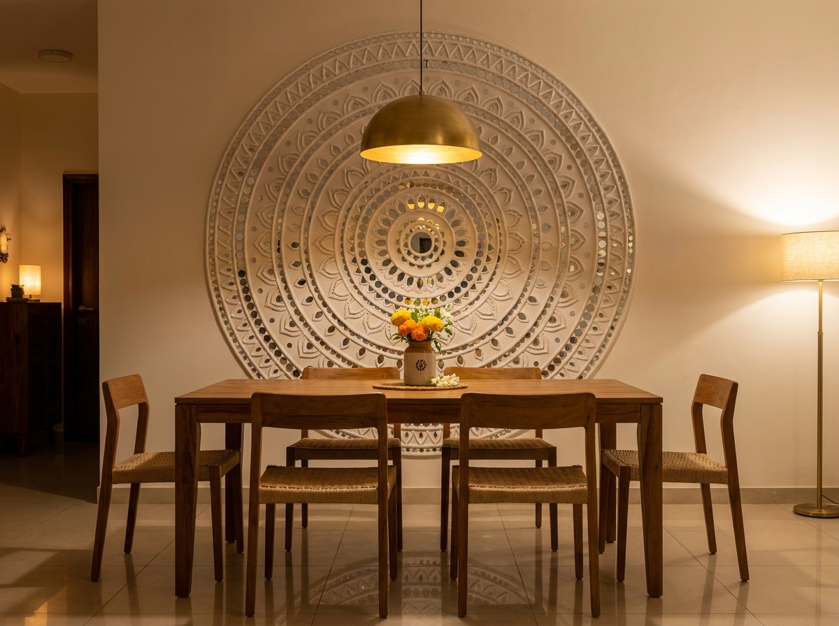Lippan mandala catching pendant light over dinner