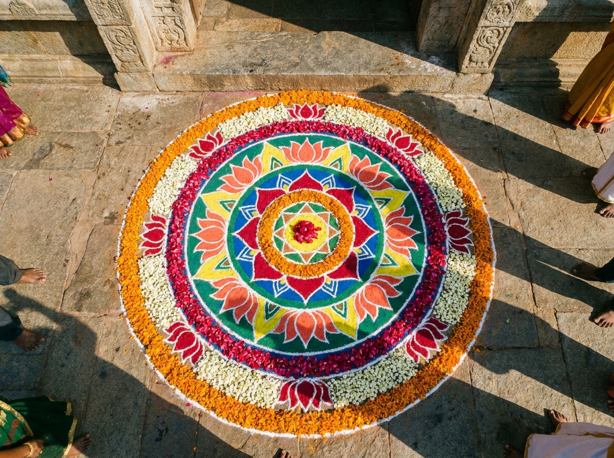 Flower petals and powder at a temple entrance