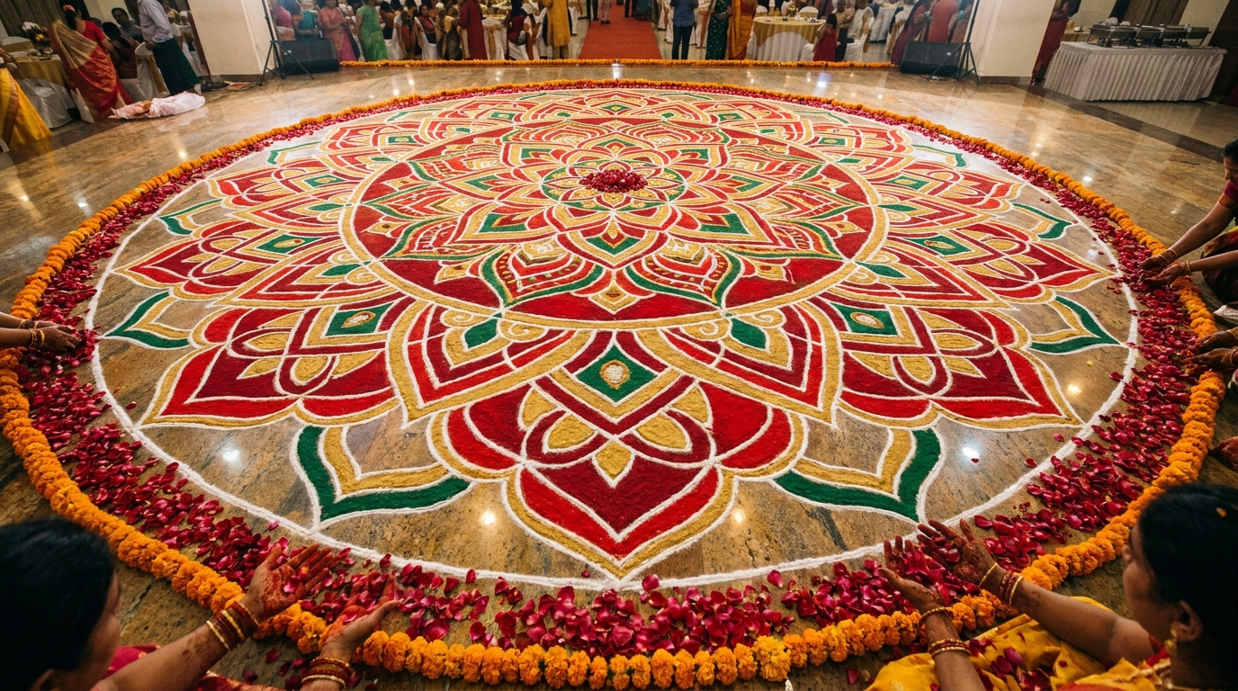 Elaborate floor art for a banquet hall celebration