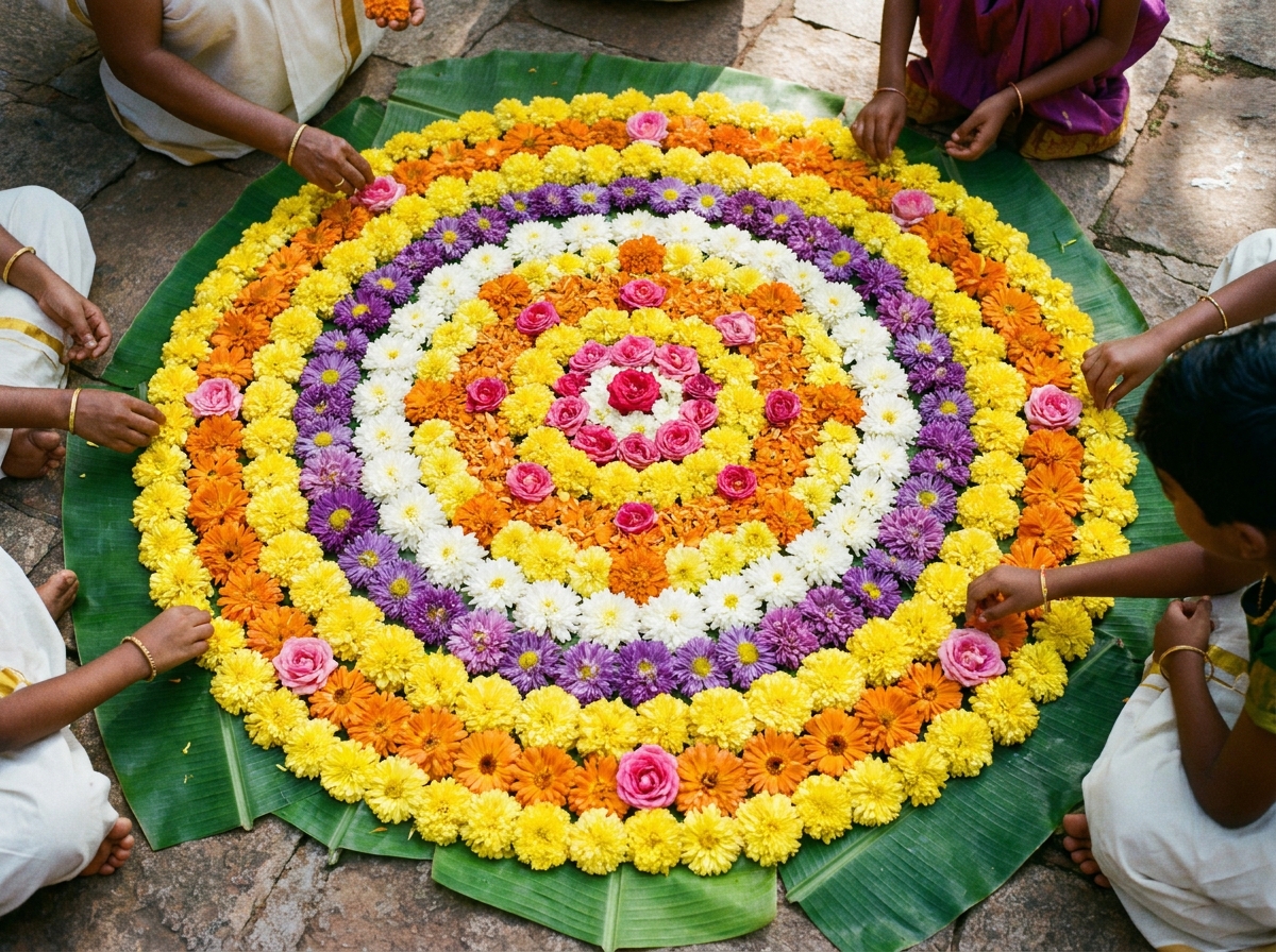 Fresh flower petals in concentric circles — Kerala harvest festival