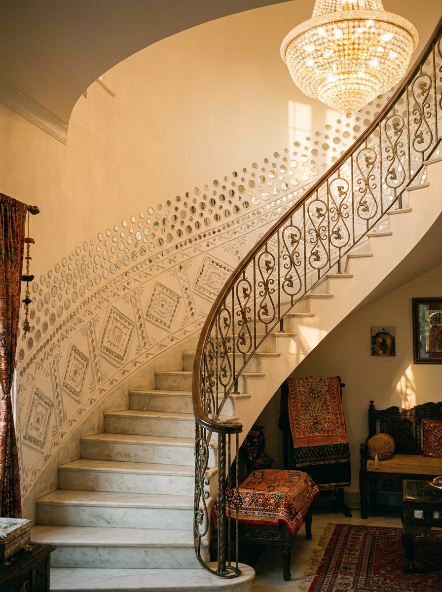 Lippan following a sweeping curve, mirrors catching chandelier light